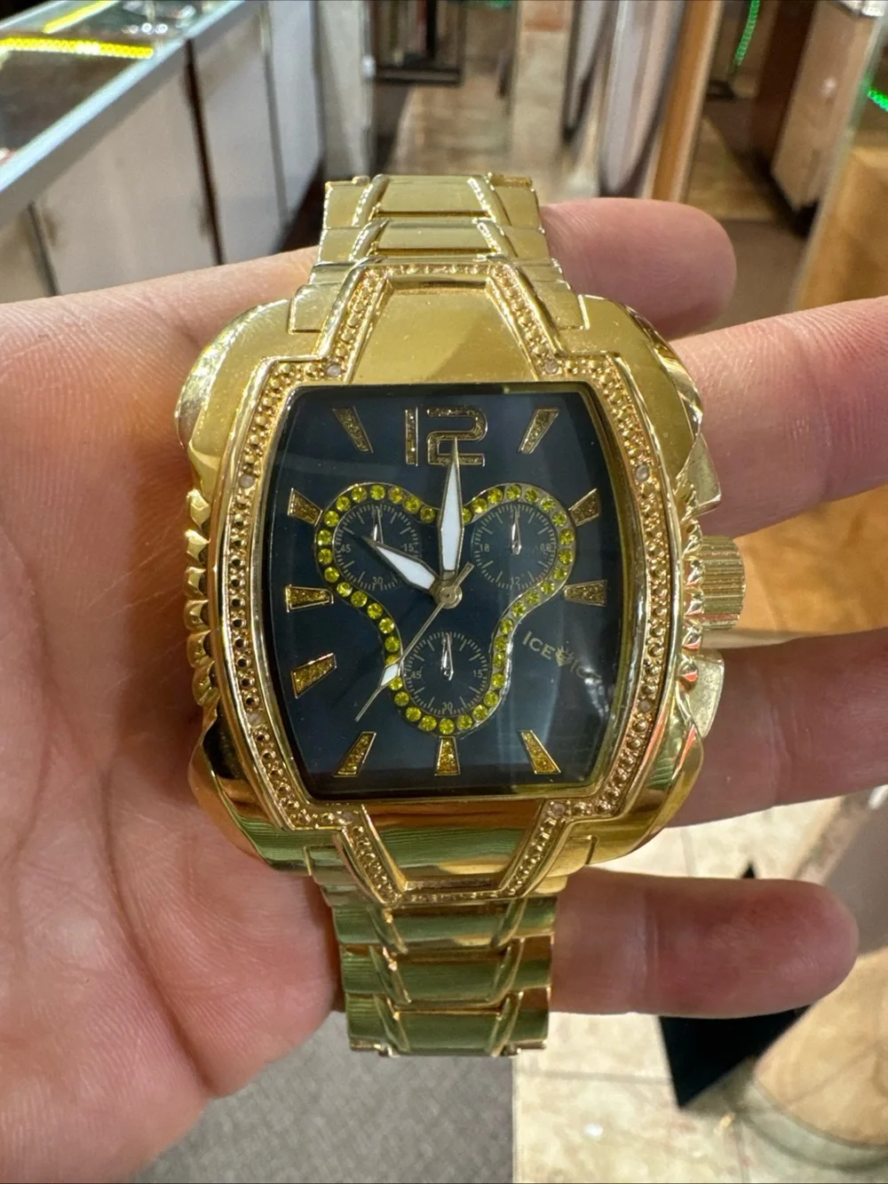 Ice Ice Gold Tone Diamond Watch Tonneau Case Not Working Double Push Clasp